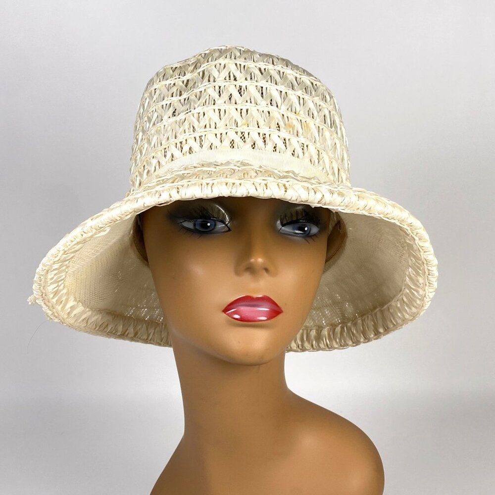 Vintage Wide Brim Straw Hat Ivory with Ribbon Bow Accent Union Made in USA